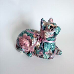 Joan Baker Designs Porcelain Patchwork Cat–Vintage Floral Ceramic Figurine 1970s